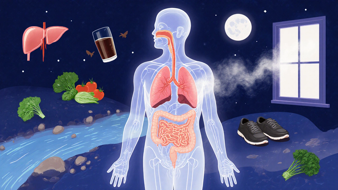 Průhledný náčrt lidského těla s aktivními orgány a přirozenými prvky, které je podporují.