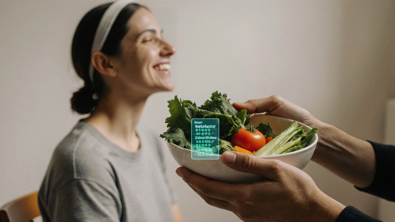 Ruce drží míšku zeleniny s jemným holografickým značkou, která ukazuje metabolickou kompatibilitu, v pozadí člověk dýchá klidně.