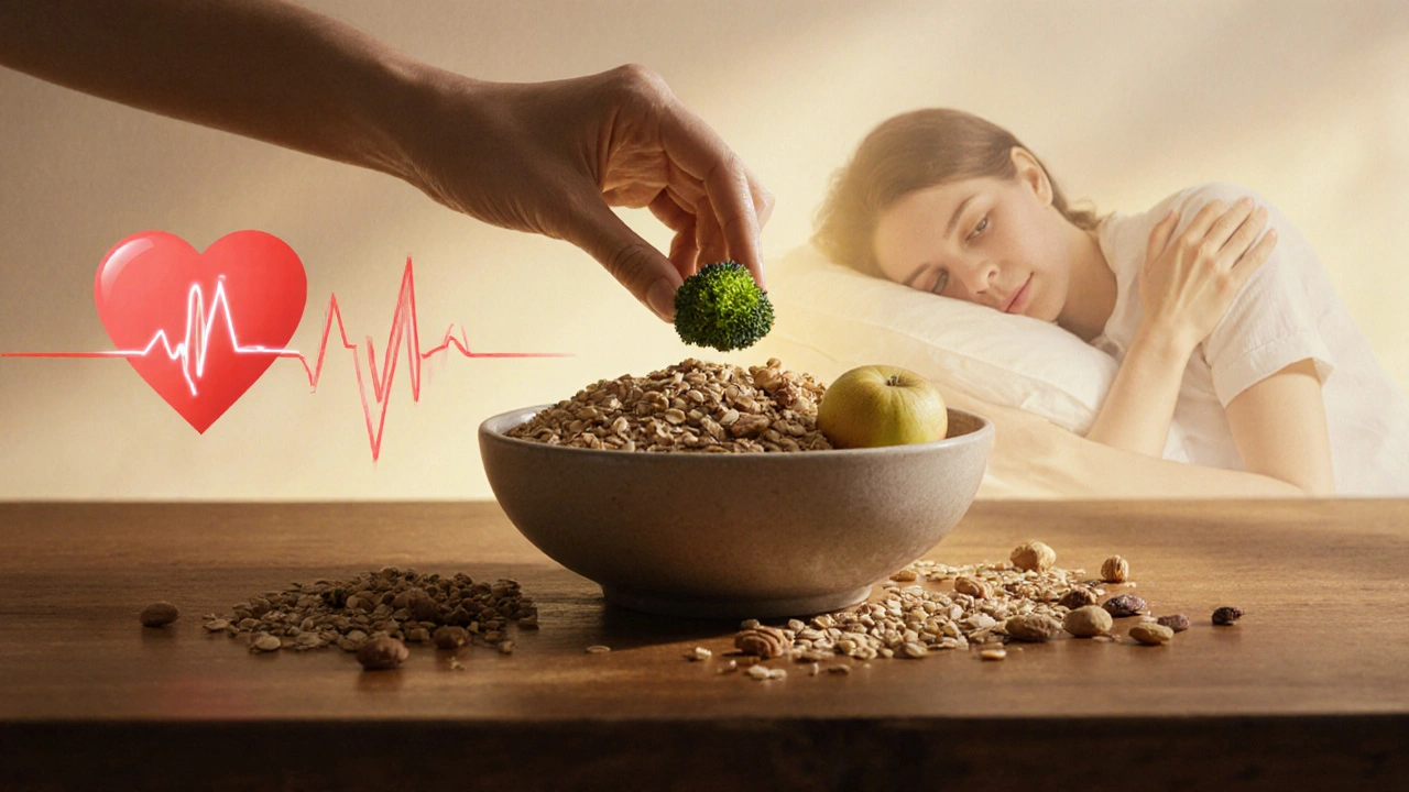 Ruka klade brokolici na stůl vedle celozrnných obilovin a oříšků.