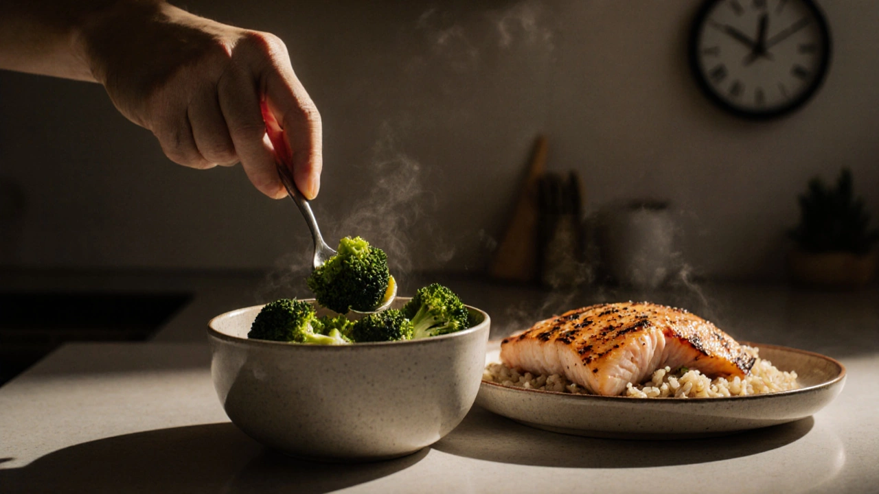 Ruka klade brokolici na talíř s rybou a rýží, teplé osvětlení kuchyně na pozadí.