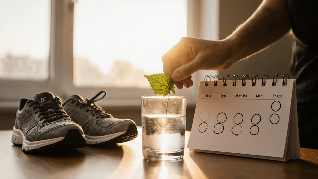 Ruka klade list na stůl vedle sklenice vody, u nohou staré běžecké boty, sluneční světlo.