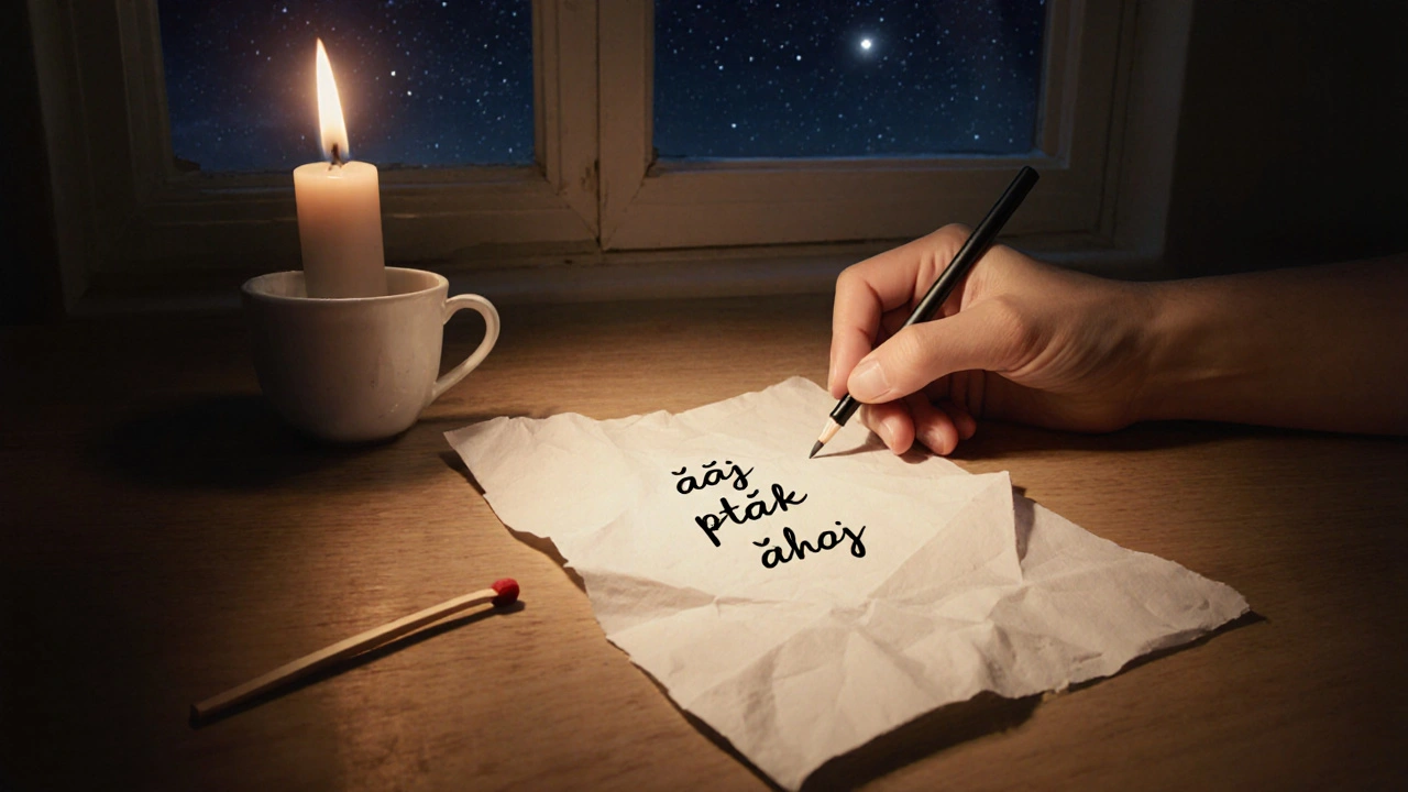 Ruka píše tři slova na papíře: &#039;čaj&#039;, &#039;pták&#039;, &#039;ahoj&#039; při svíčkovém světle.