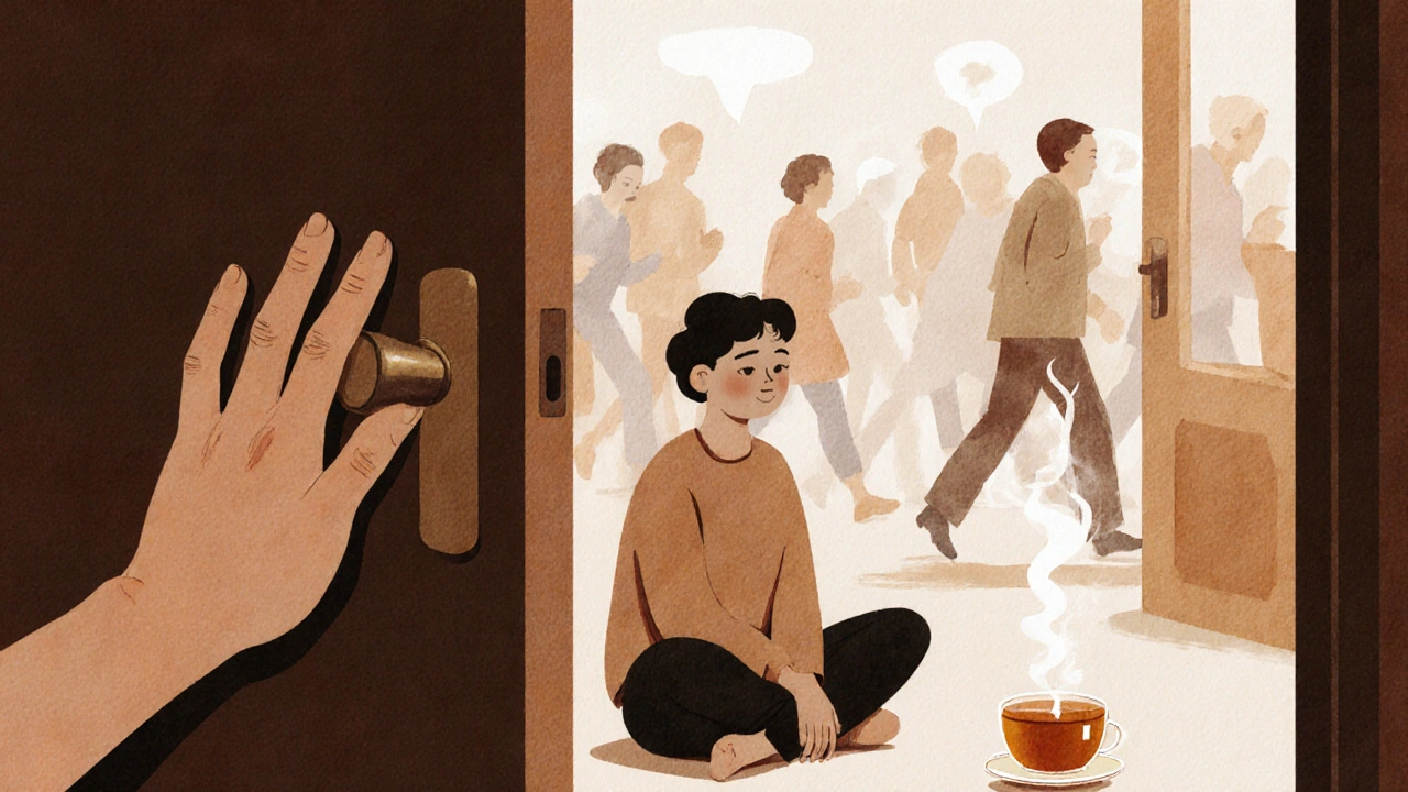 Ruka se dotýká dveří, uvnitř člověk sedí v klidu, u něj horký čaj, venku hluk světa.