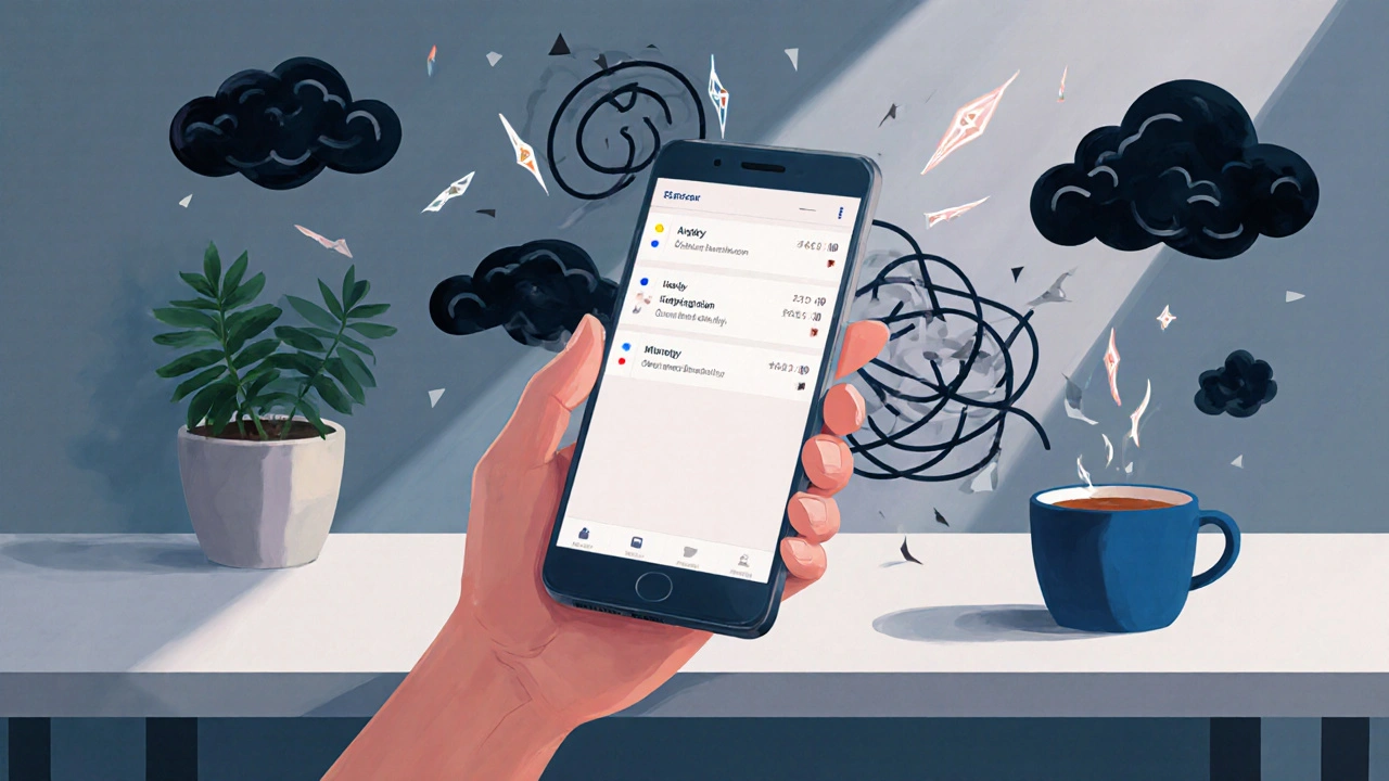 Ruka vypíná telefon, kolem něj se rozptylují znaky stresu.