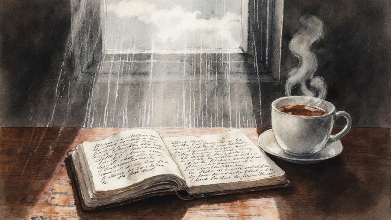 Rukou psaný deník s čajem a deštěm za oknem — emoce vypouštěny na papír.