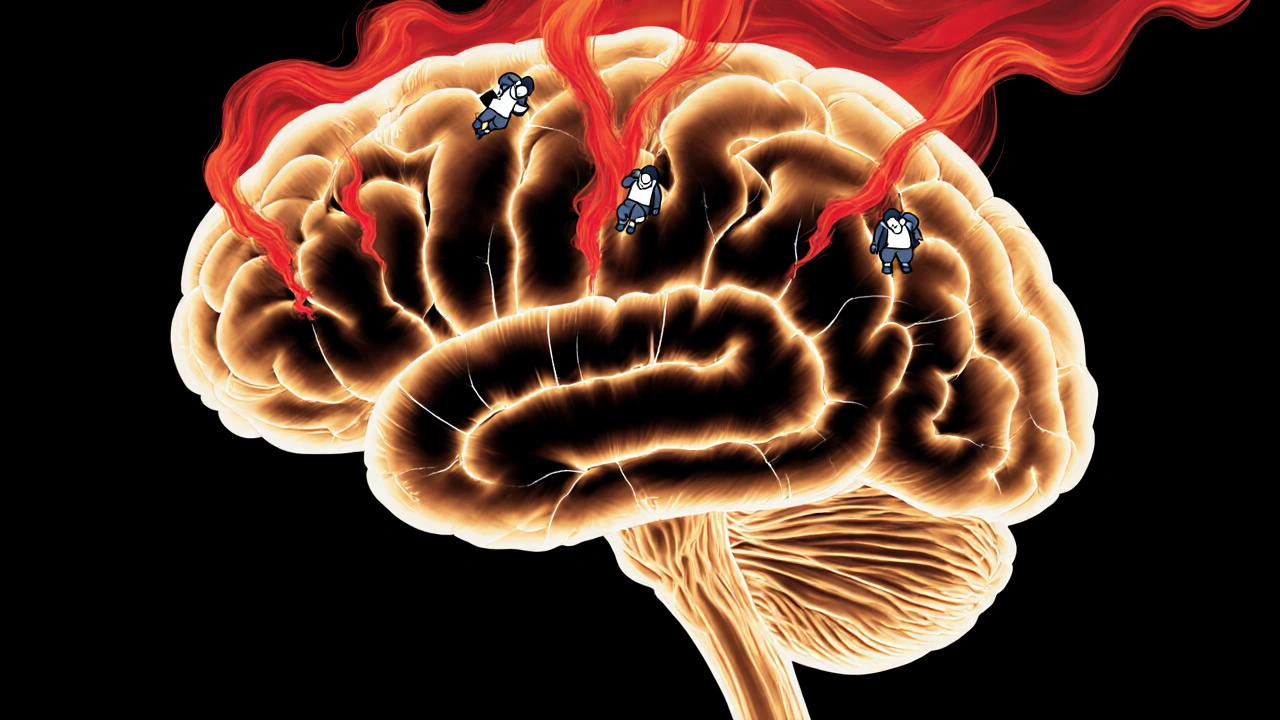 Silueta lidského mozku s poškozenými fázemi spánku, zobrazenými jako červené praskliny a kouř.