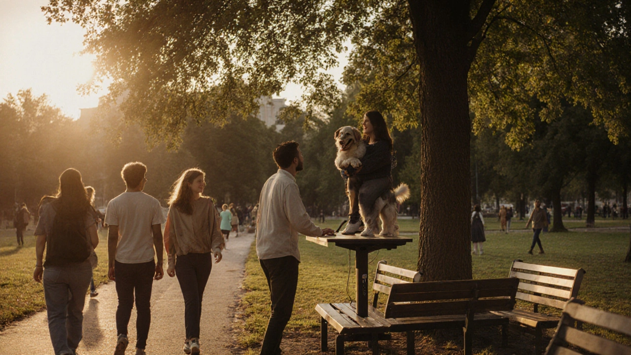 Skupina lidí v parku v Brně, kteří se pohybují, mluví a sdílejí klidné okamžiky bez telefonů, v pozadí viditelné stojící pracovní stoly.