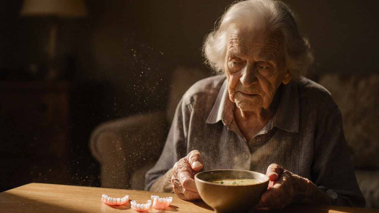 Stará žena drží polévku, vedle ní leží zubní protéza.