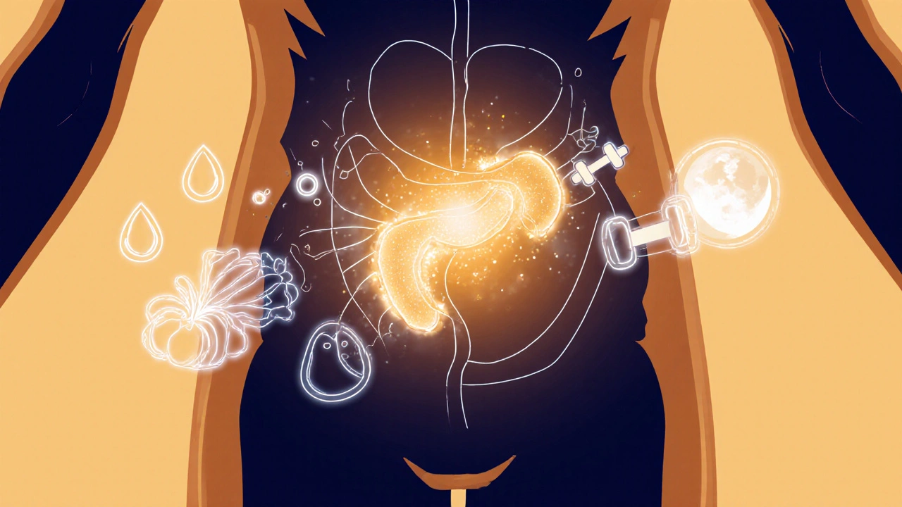 Tělo s proudem energie, který odstraňuje tuk, obklopeno symboly zdravého životního stylu