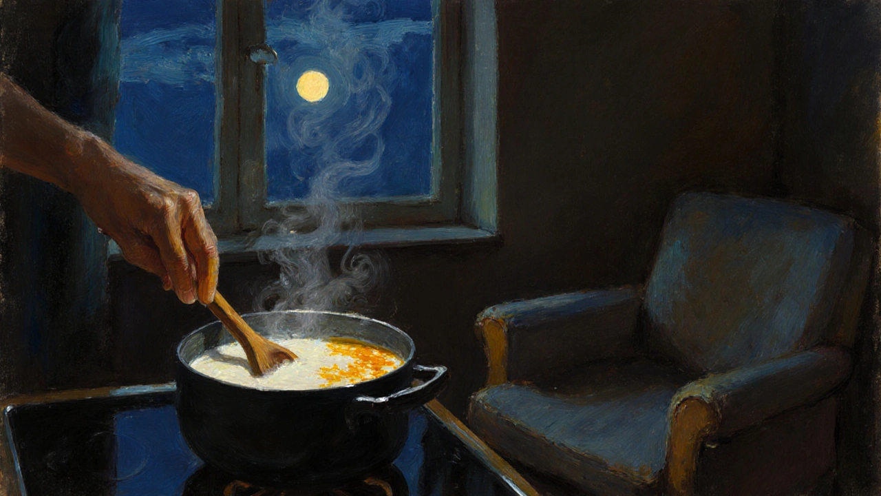 Teplé mléko s medem a kari vařené na sporáku ve večerní kuchyni