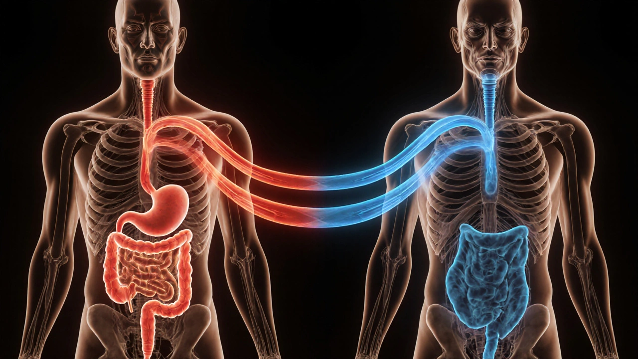 Transparentní tělo ukazující přesměrování krve mezi trávením a cvičením.