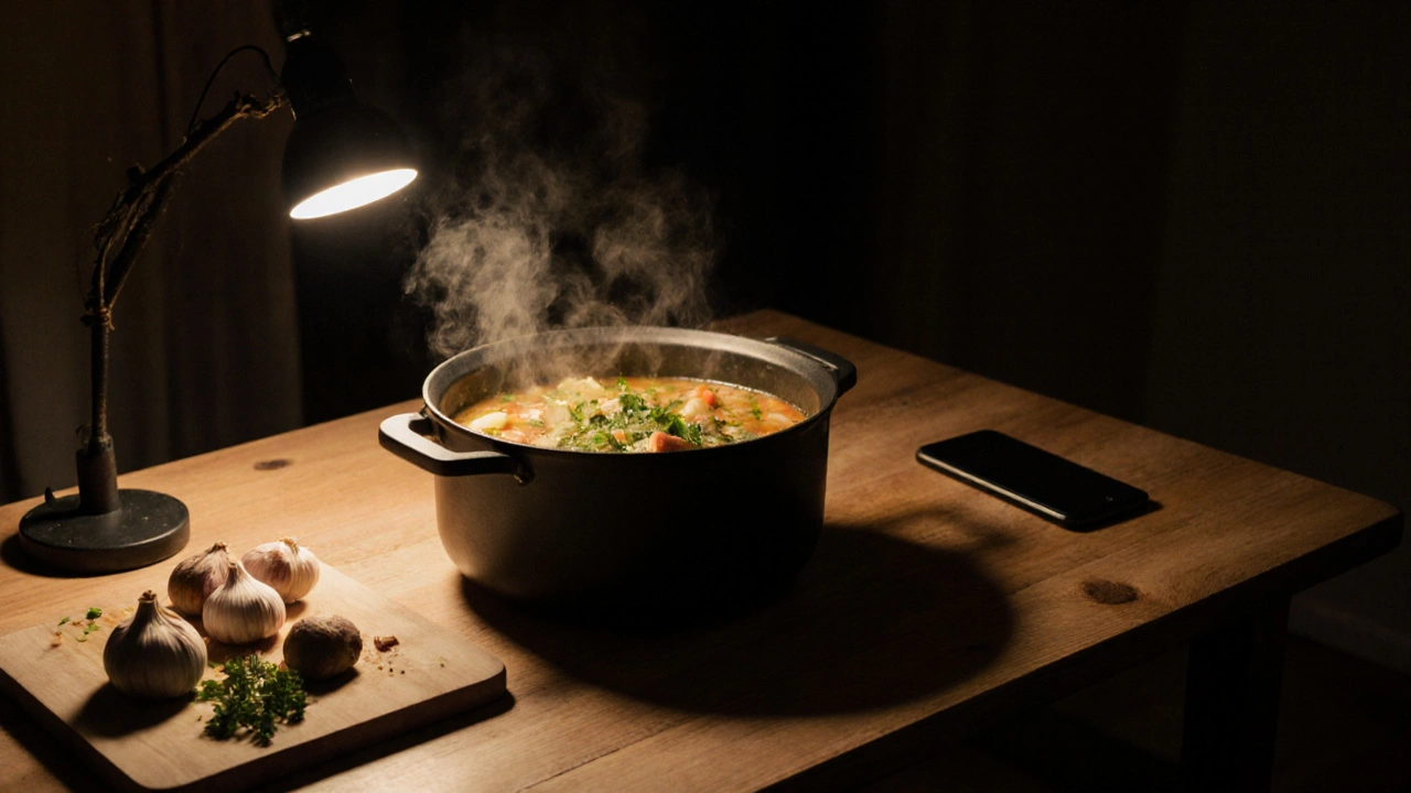 Večerní kuchyně s polévku a čerstvými zeleninami, bez elektroniky.