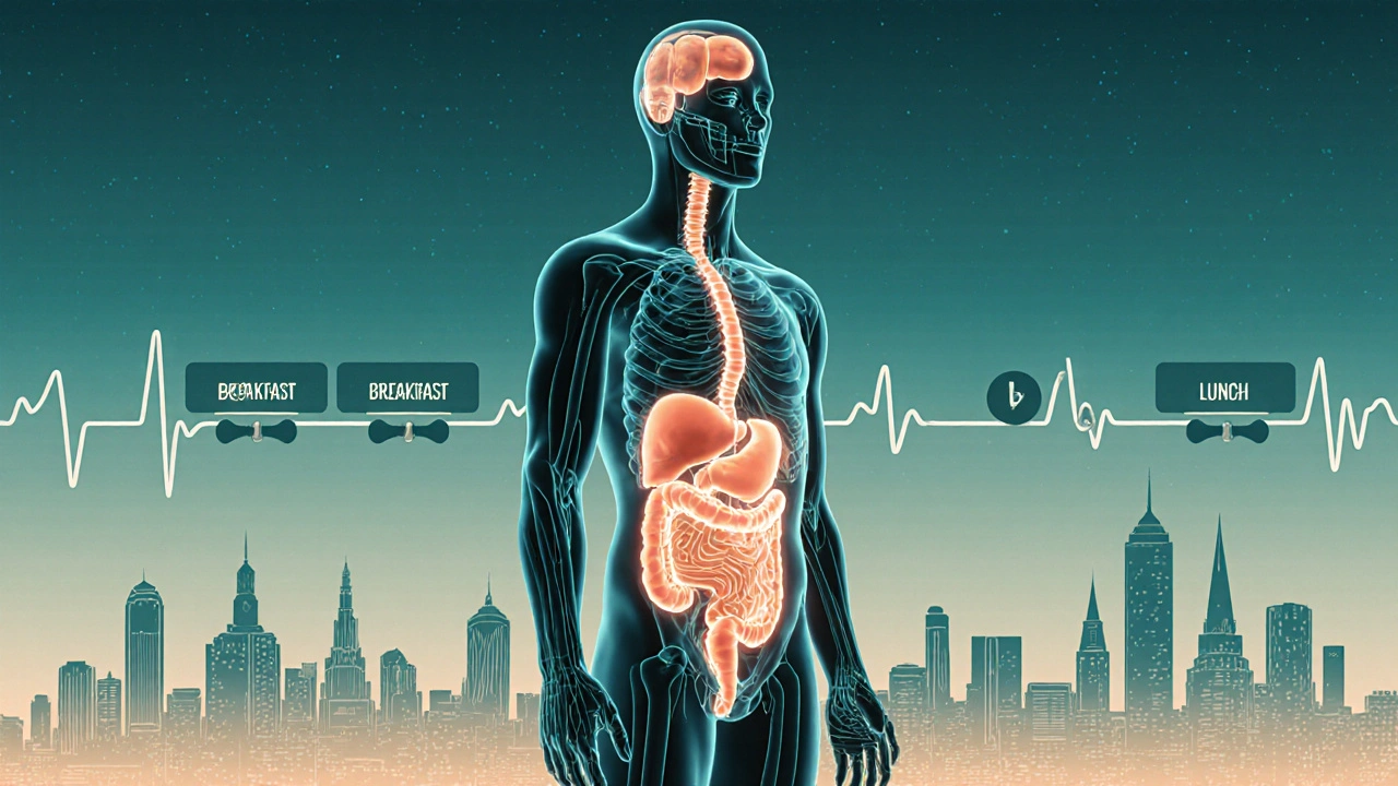 Vnitřní pohled na tělo s třemi jídelními pulzy stabilizujícími hladinu cukru v krvi.