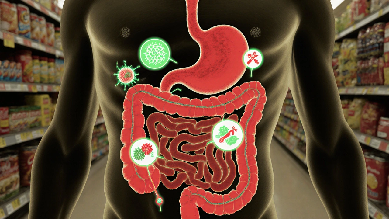 Vnitřní zobrazení trávicího systému s chemickými látkami ničícími prospěšné bakterie.