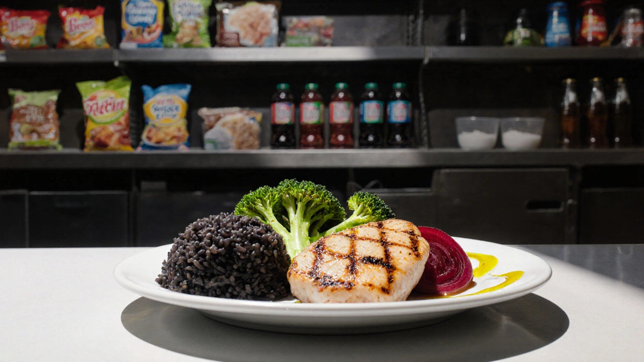 Vyvážený oběd s kuřecím masem, brokolicí a černou rýží, v pozadí ignorované zpracované potraviny.