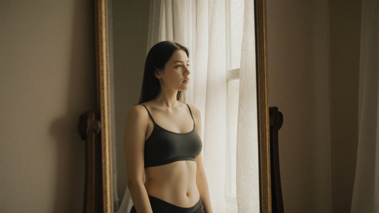 Žena se dívá do zrcadla, její prsa jsou menší, ale břicho se ještě nezměnilo