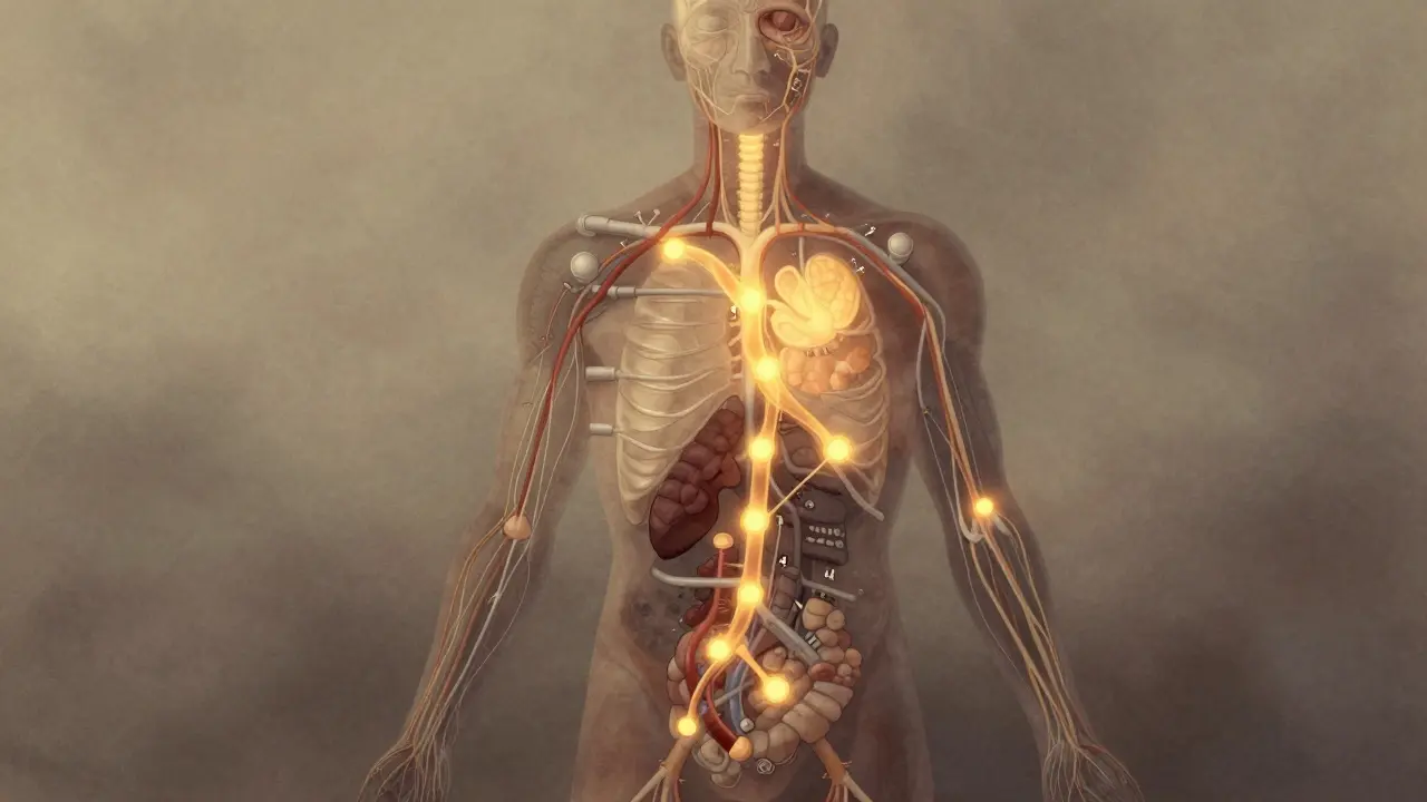 Abstraktní ilustrace lidského těla jako elektrárny s pravidelným tokem energie mezi jídly.