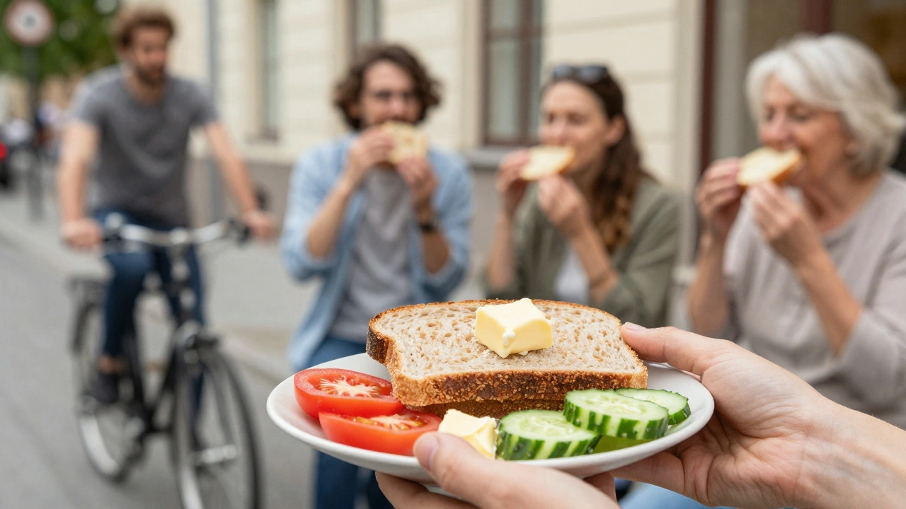 Celozrnný chléb s čerstvou zeleninou a máslom na stole, symbol zdravého jídelníčku.