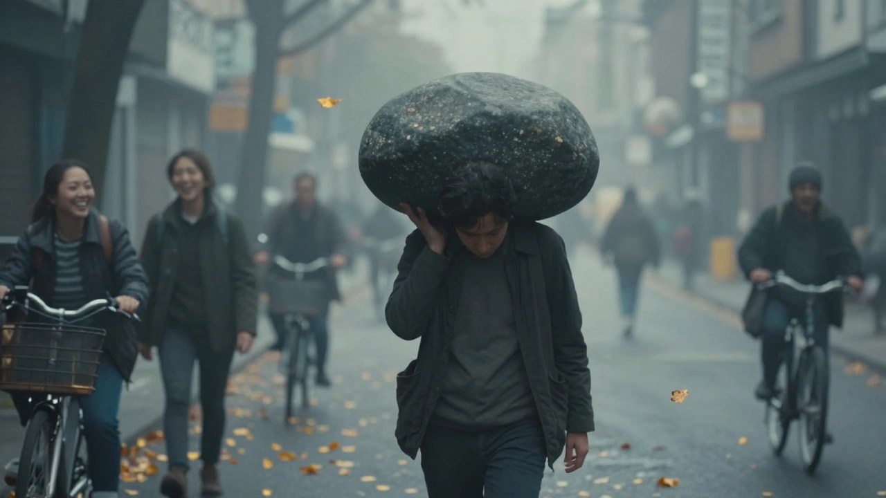 Člověk chodí ulicí s neviditelným kamenem na zádech, zatímco kolem něj běží život.