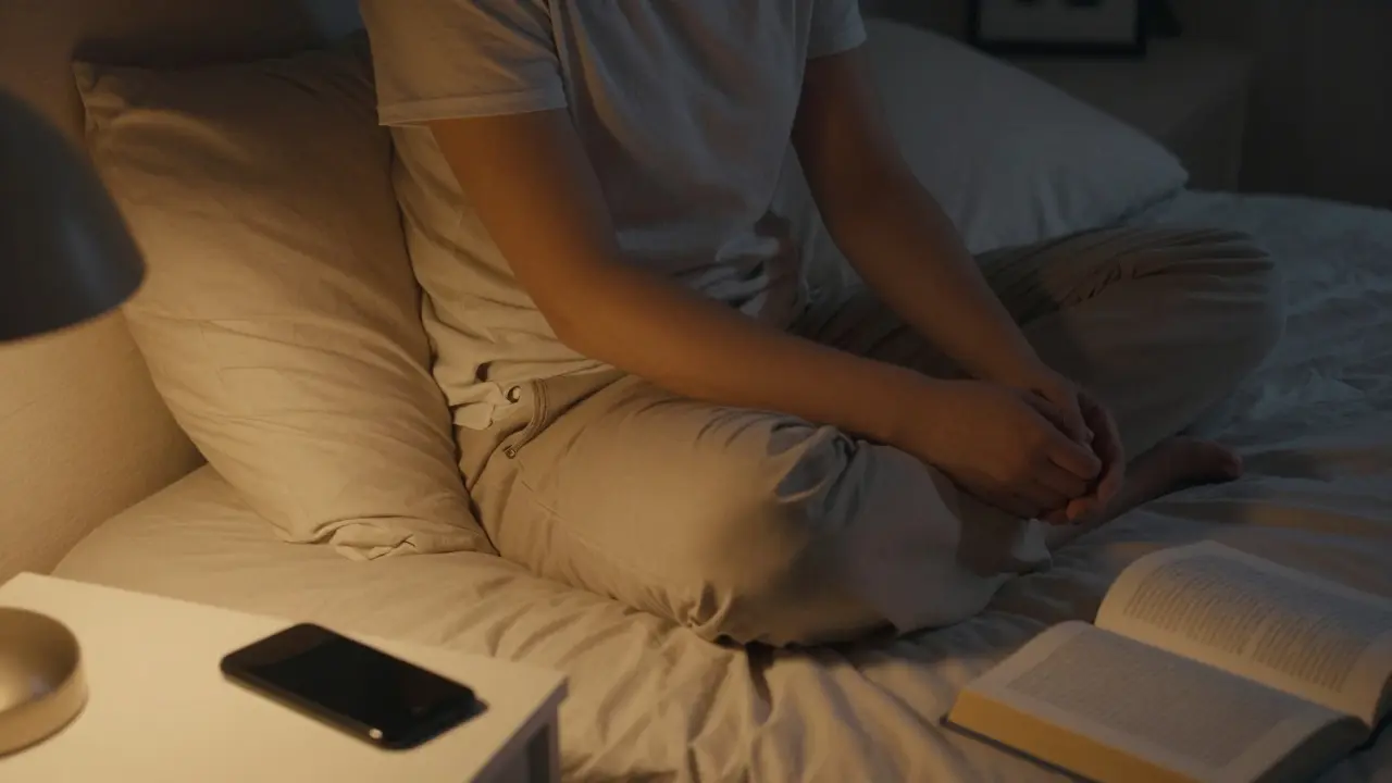 Člověk sedí v klidu v posteli s uzavřenýma očima a vypnutým telefonem.