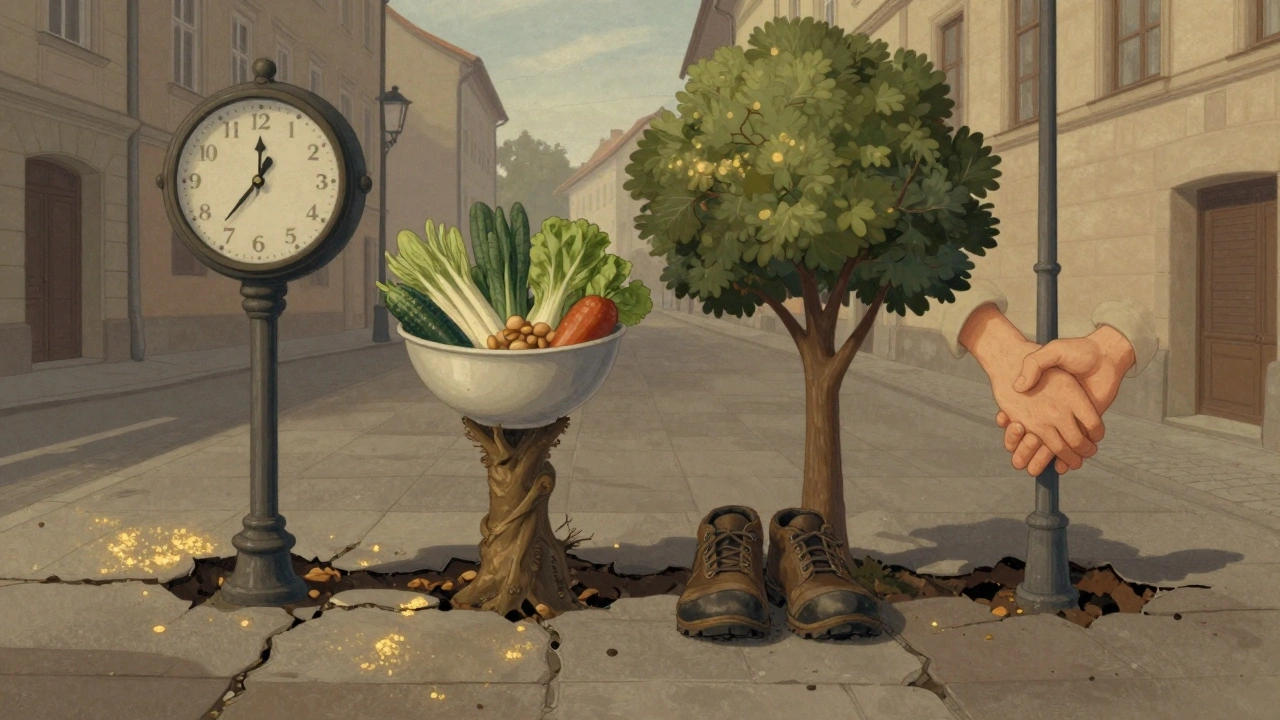 Čtyři symboly zdraví: hodiny, jídlo, obuv a ruce se dotýkají městského chodníku.