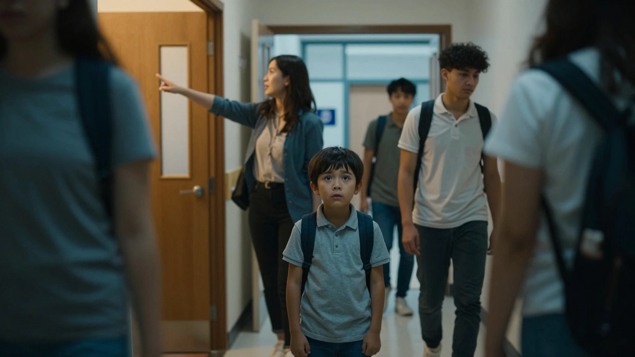 Dítě stojí v školní chodbě, zmatené a izolované, zatímco ostatní se procházejí kolem.