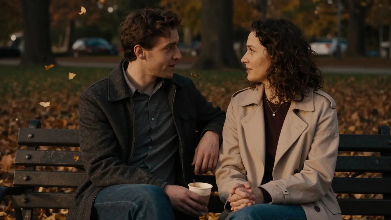 Dva lidé na lavičce v parku v tiché, přátelské konverzaci.