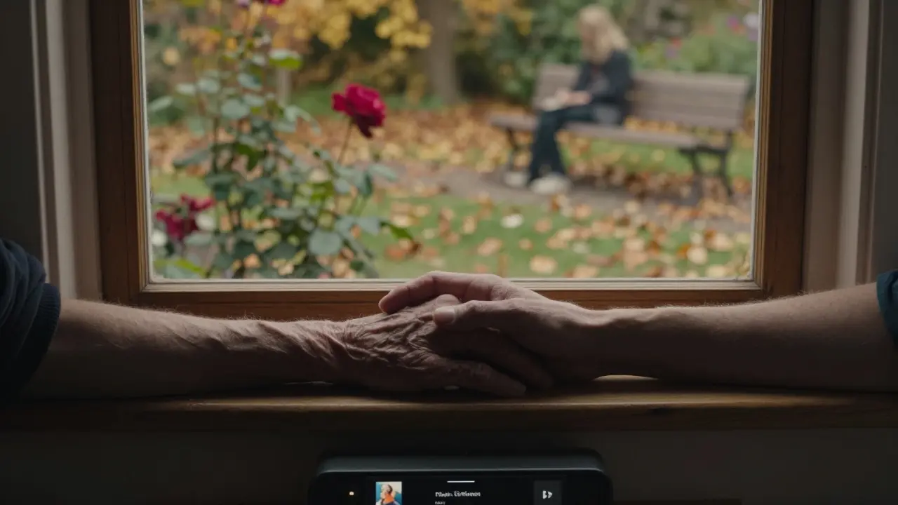 Dvě ruce se dotýkají na okně, venku listí a růže, uvnitř ticho a jemné světlo.