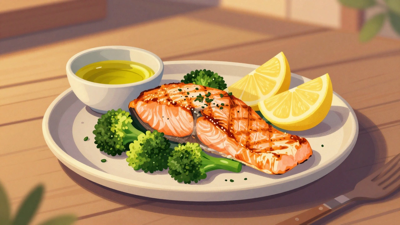 Grilovaný losos s brokolici a citronem na tichém večerním stole