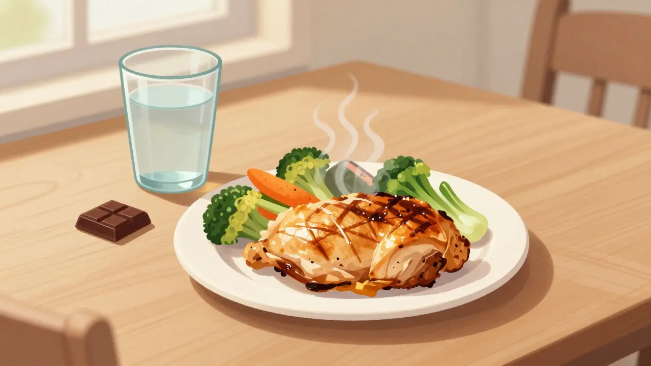 Jednoduché večeře s masem a zeleninou na dřevěné desce.