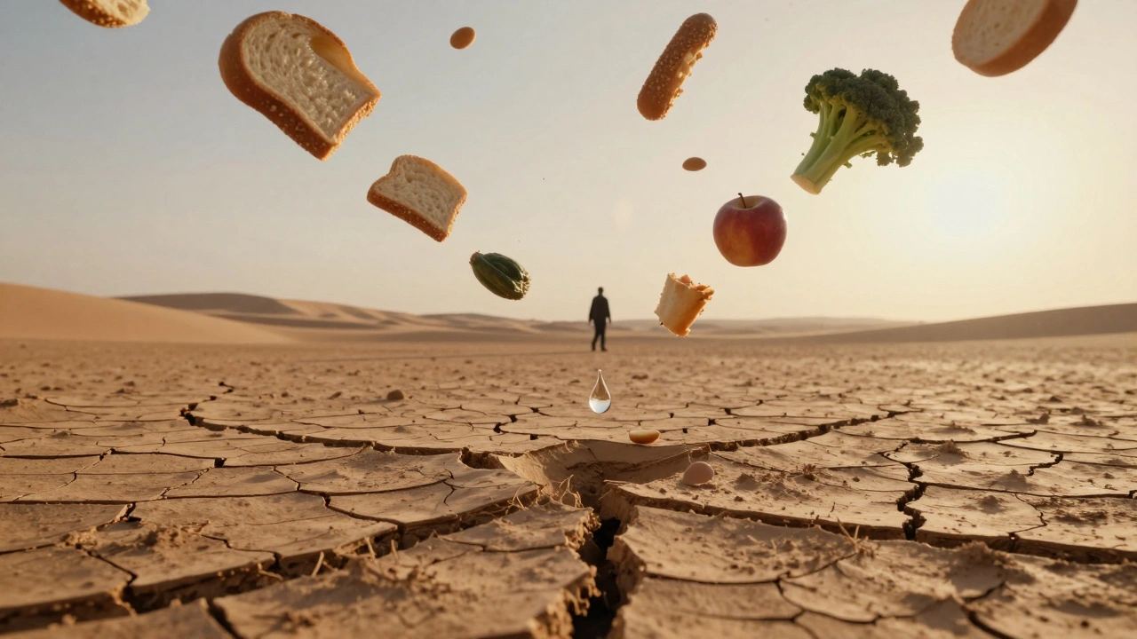 Kapka vody visí ve vzduchu nad suchou půdou, zatímco jídlo plave v pozadí jako nedostupná naděje.