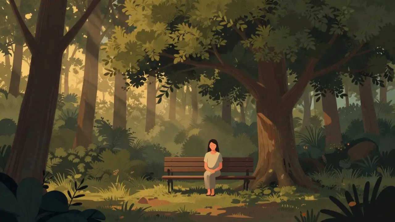 Klidný les symbolizující mentální klid bez technologií.