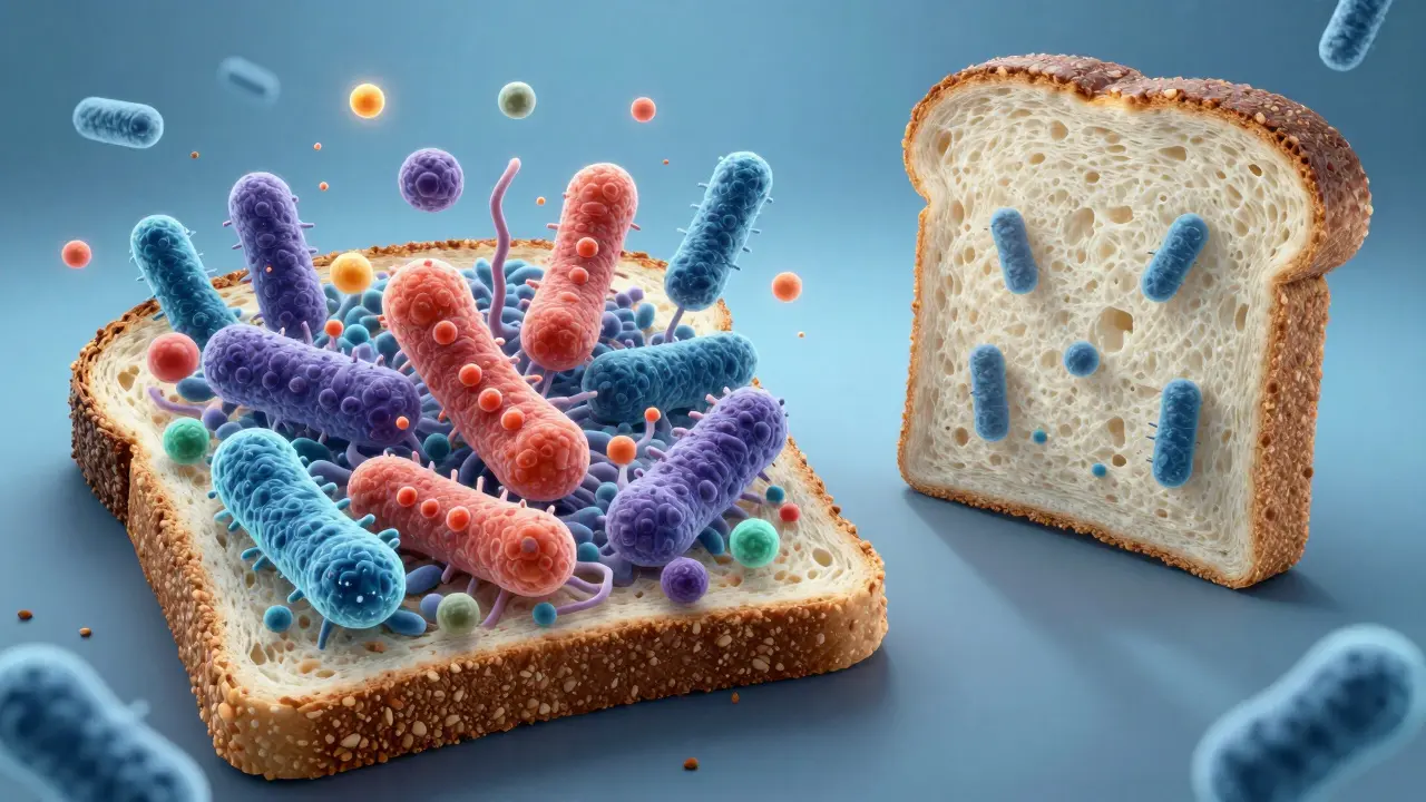 Konceptuální obraz střevní mikrobioty pod celozrnným chlebem.