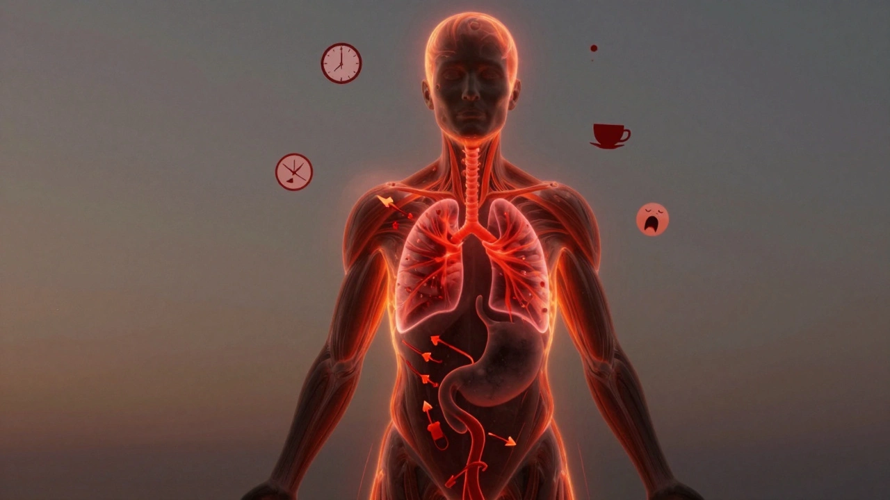 Kontur člověka s vnitřními fyzickými reakcemi záchvatu úzkosti znázorněnými barevnými vlnami.