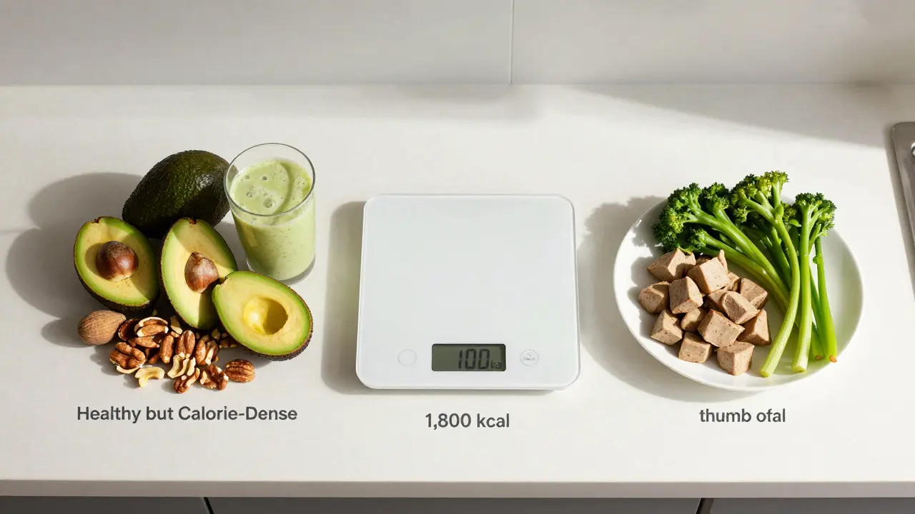 Kuchyňský stolek s třemi porcemi: zdravé, ale kalorické potraviny vs. vyvážené jídlo.