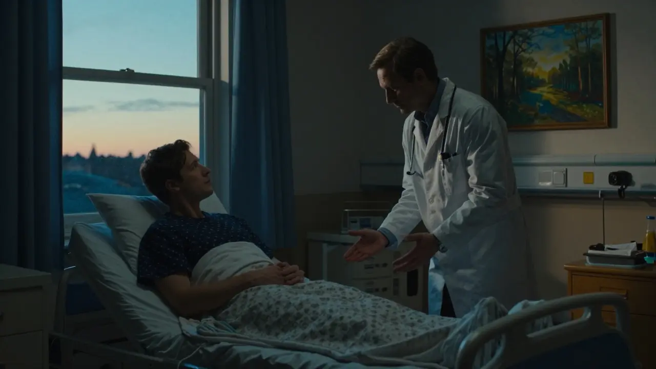 Lékař stojí u postele pacienta, který se dívá z okna, večerní světlo osvětluje pokoj.