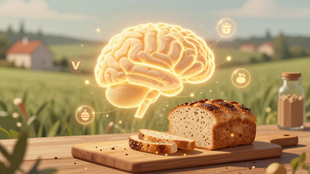 Lidský mozek zářící energií z celozrnného chleba s symboly výživy.