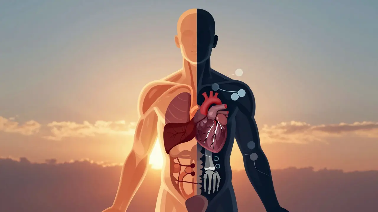 Lidský silueta s jednou zdravou a jednou nemocnou stranou, pozadí s východem slunce.