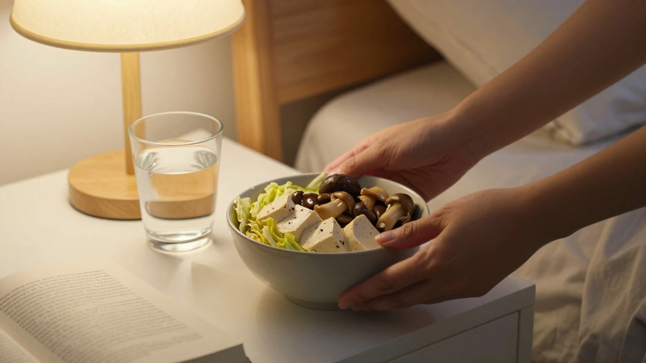 Malá porce tofu s hříbky a zelím na nočním stolku před spaním