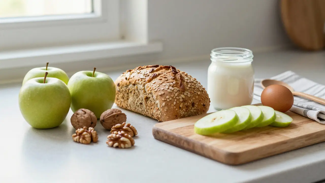 Na kuchyňském stole jsou přírodní potraviny — ovoce, oříšky, vejce a jogurt — bez balených výrobků.