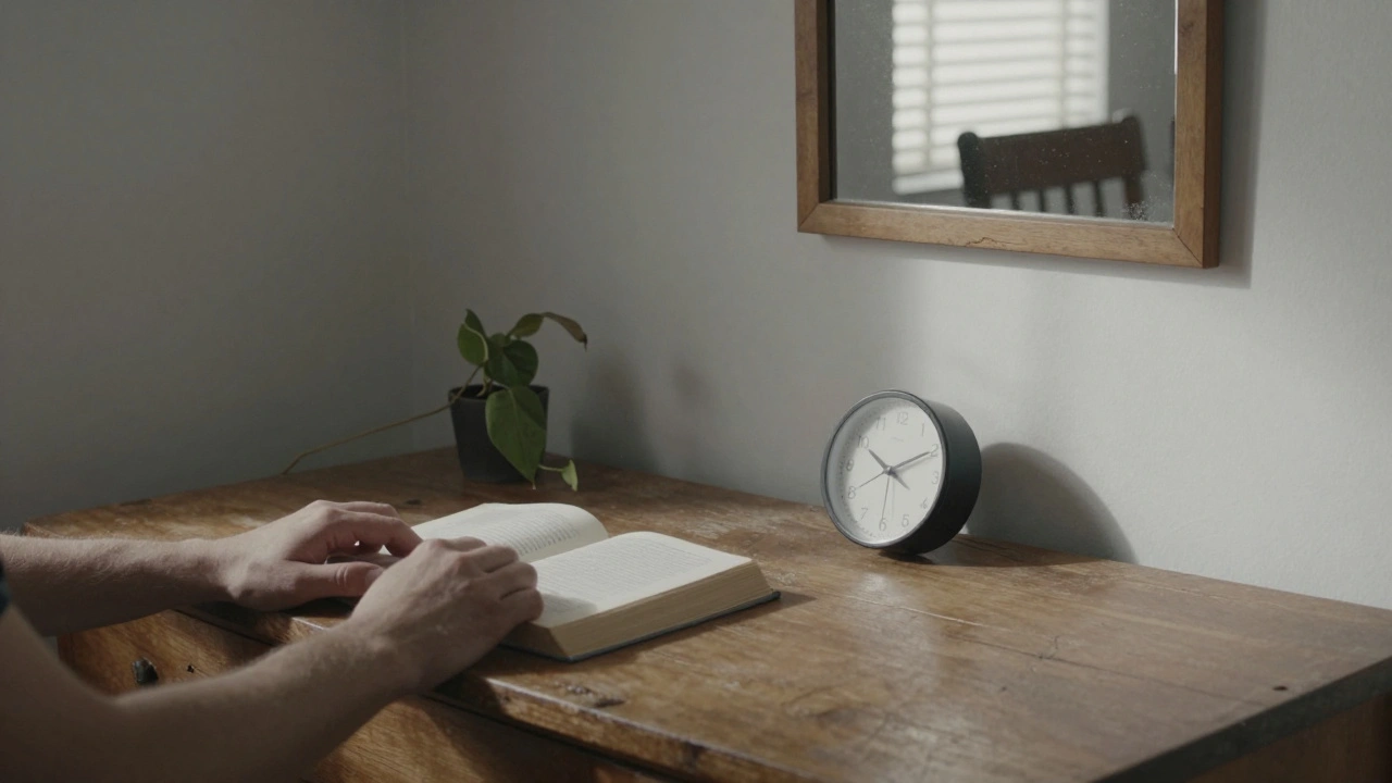 Na stole leží nepřečtená kniha, hodiny ukazují stejný čas a zaschlá rostlina v rohu místnosti.