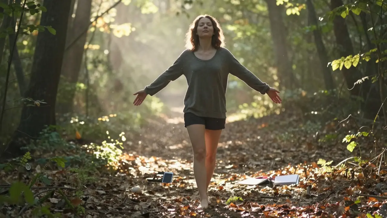 Osoba chodí bosá lesní cestou v ranním světle, oči zavřené, ruce roztažené, za ní zanechané věci.