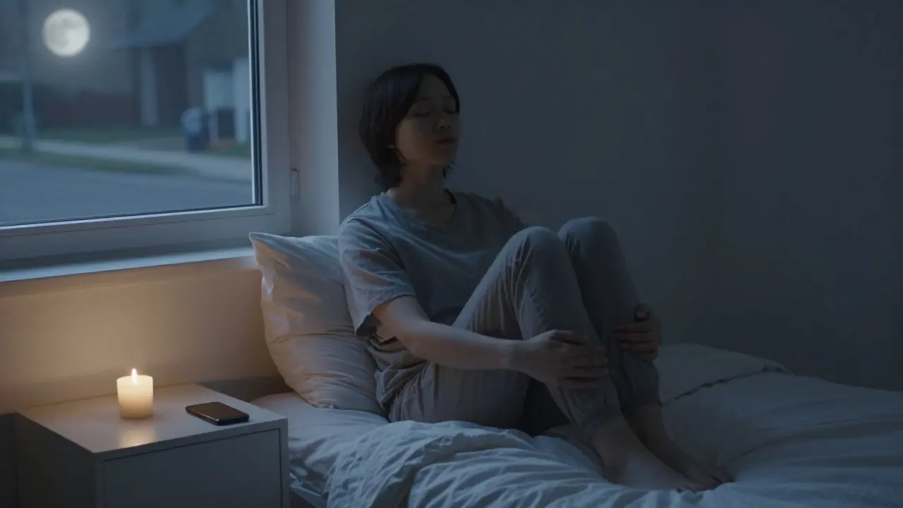 Osoba klidně dýchá v temné ložnici večer, telefon je převrácený, svíčka svítí — symbol odpočinku a snížení stresu.