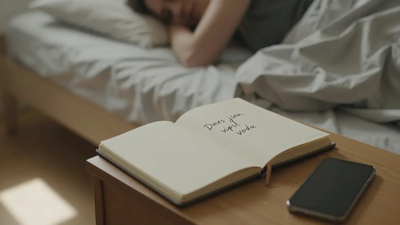 Osoba leží na posteli, otevřený deník s jednou větou, telefon leží obráceně, jemné sluneční světlo.