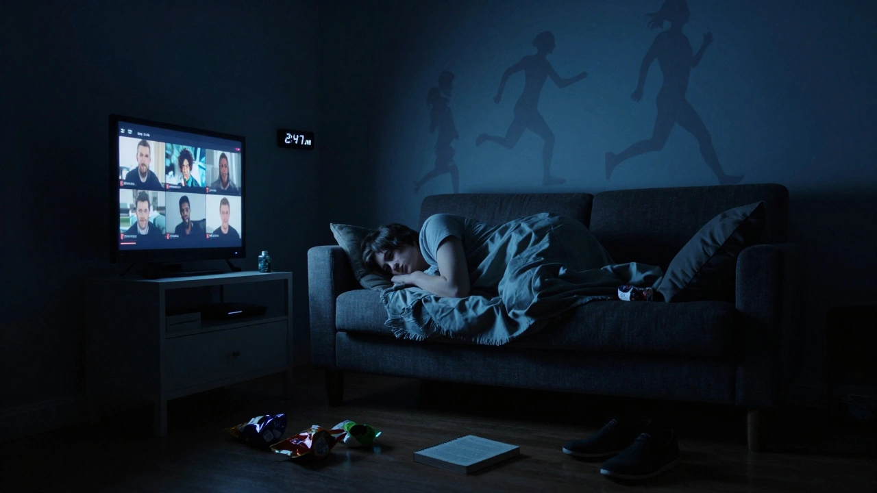 Osoba na kanapě v noci, osvětlená obrazovkou, kolem prázdné balíčky a zapomenutá kniha.