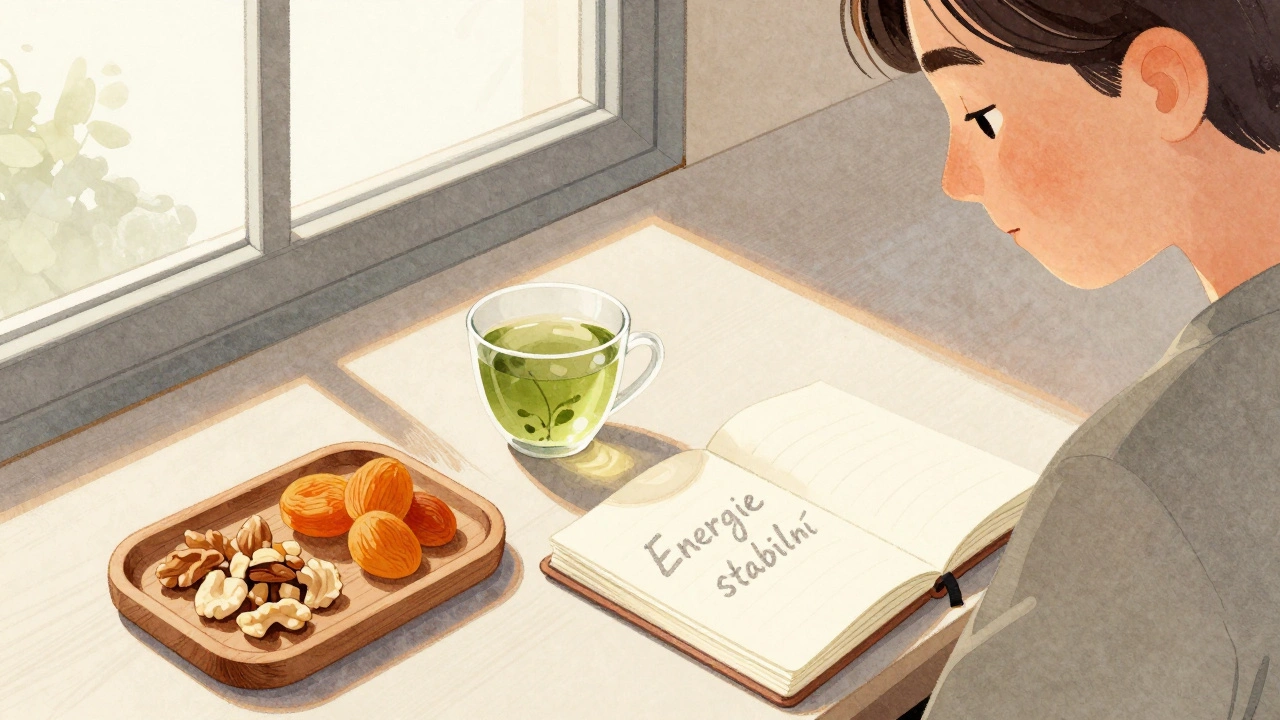 Osoba na pracovním stole má svačinu z oříšků a zeleného čaje.