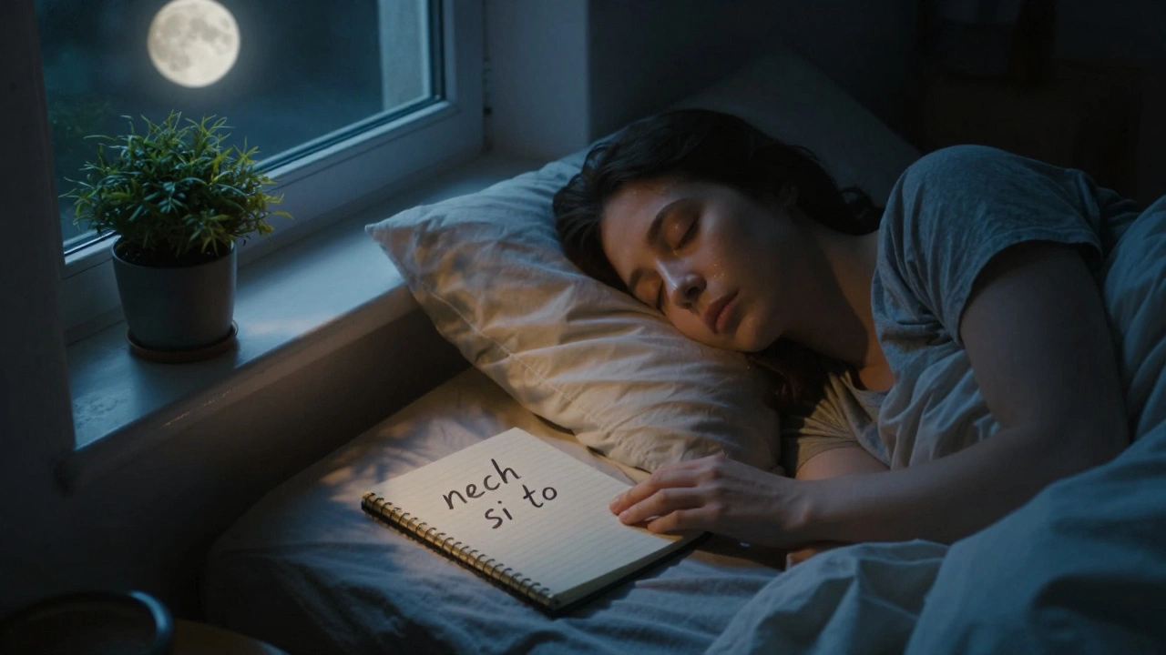 Osoba spí v temné ložnici při měsíčním světle, bez obrazovek, jen klidný odpočinek.