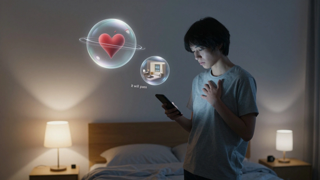 Osoba v nočním pokoji, kolem ní se vznášejí průhledné bubliny reprezentující příznaky úzkosti.