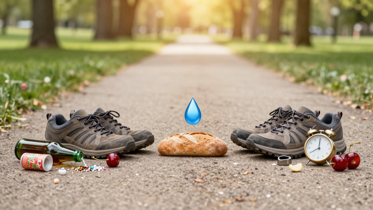 Pár obuvi: staré kroky a nové chůze, cesta do parku s vodou, třešněmi a celozrnným chlebem.