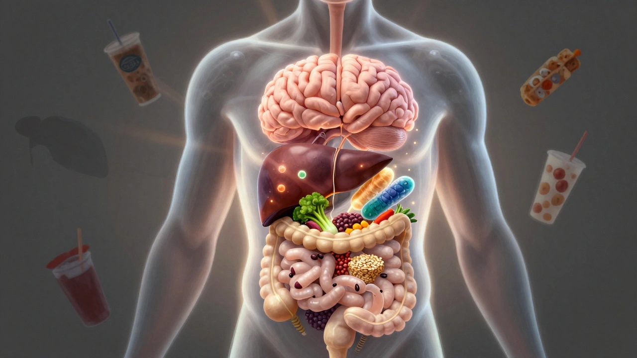 Průhledný lidský tělo s aktivním mikrobiomem napájeným zdravými potravinami.